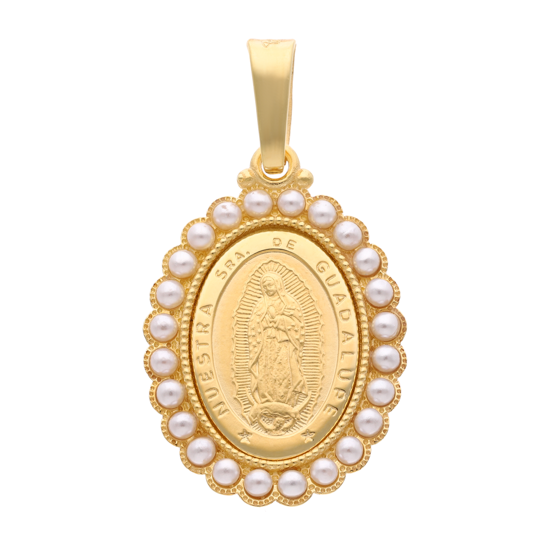 Medalla oval Guadalupe bisel ondeado perlas 14K