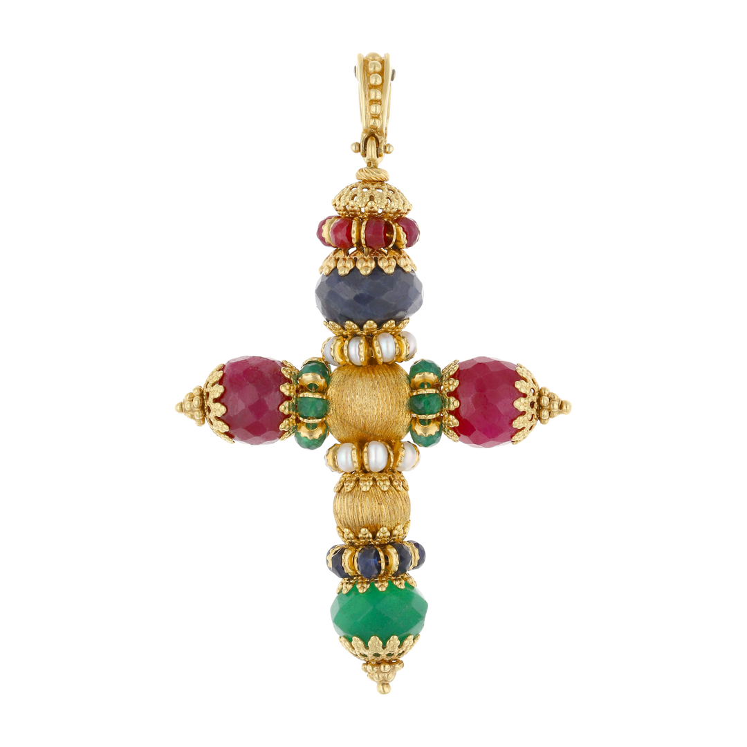 Cruz esmeraldas, rubíes y zafiros 18K
