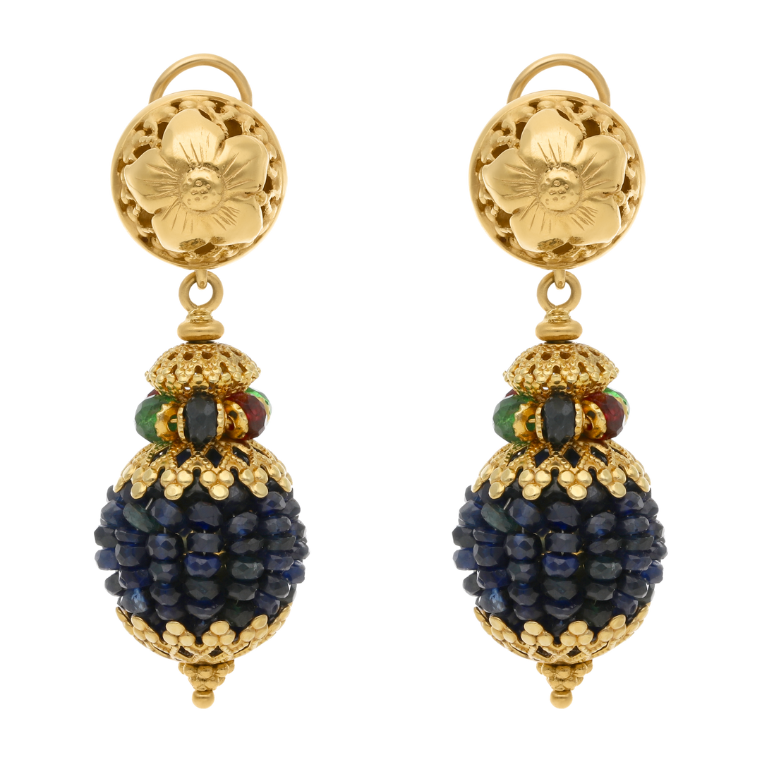 Aretes largos zafiros pave, rubíes y esmeraldas 18K