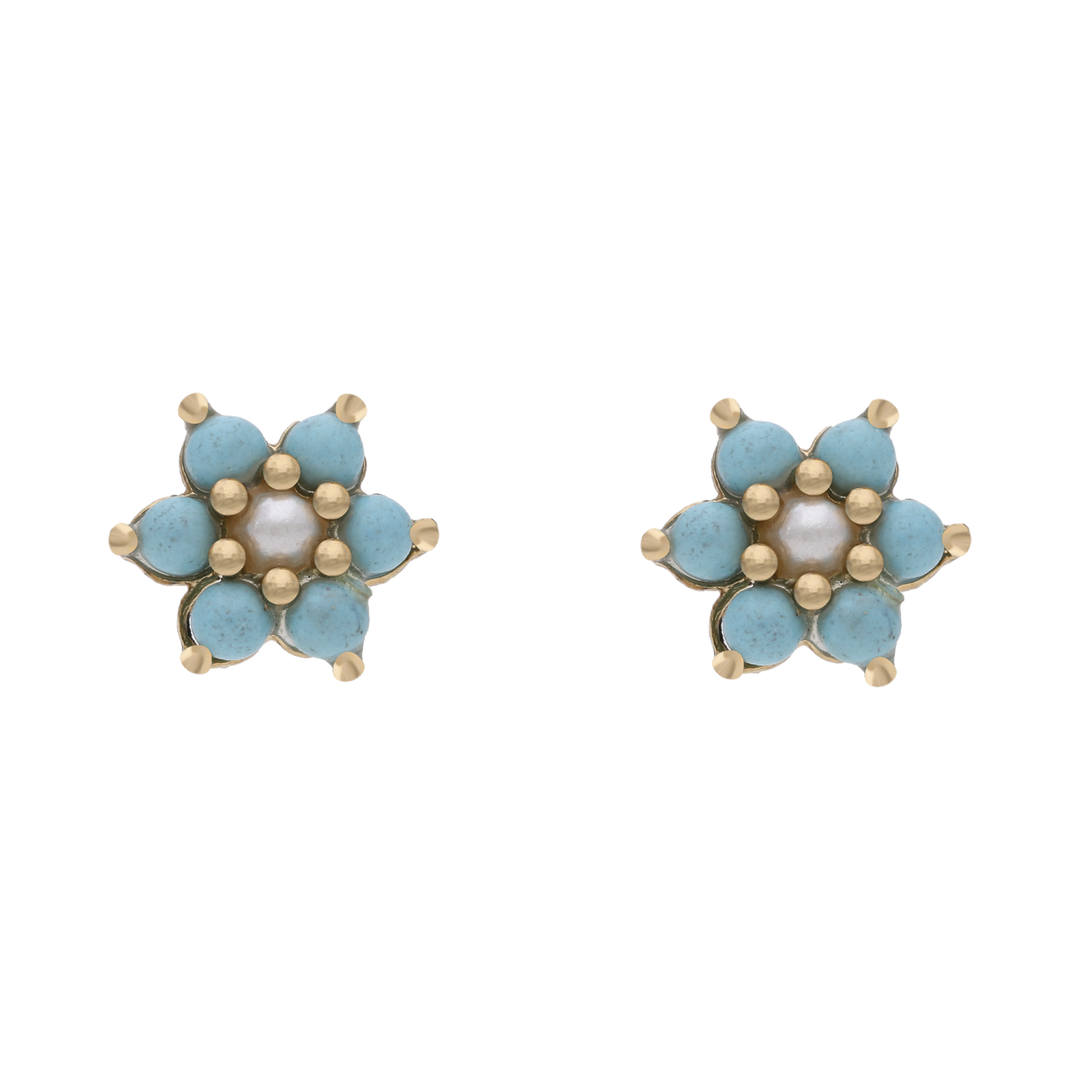 Broquel flor turquesa/perla 14K