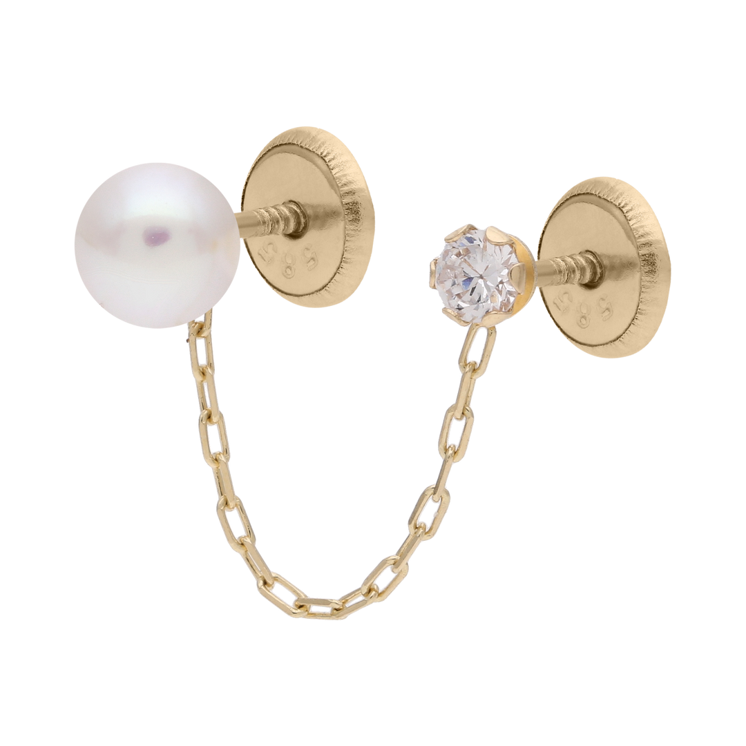 Broquel perla, cadena y circonia 14K