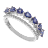 Anillo 2 líneas zafiros gota y brillantes 14K