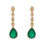 Aretes largos esmeralda pera y brillantes 14K
