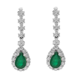 Aretes largos esmeralda pera y brillantes 14K