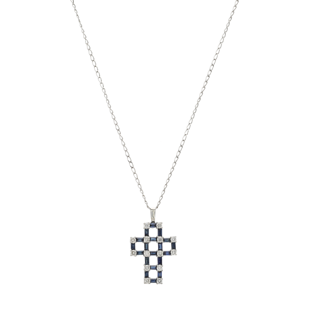Collar dije cruz zafiros y brillantes 14K