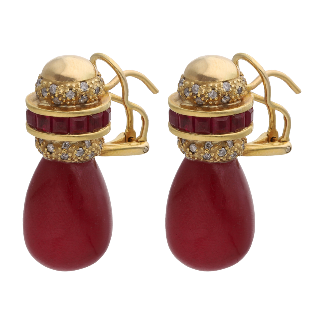 Aretes rubí gota y brillantes 18K
