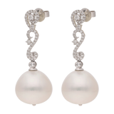 Aretes largos oro blanco 18K brillantes y calabazo 16 mm