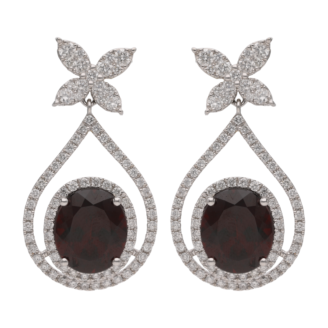 Aretes largos granate y brillantes 18K