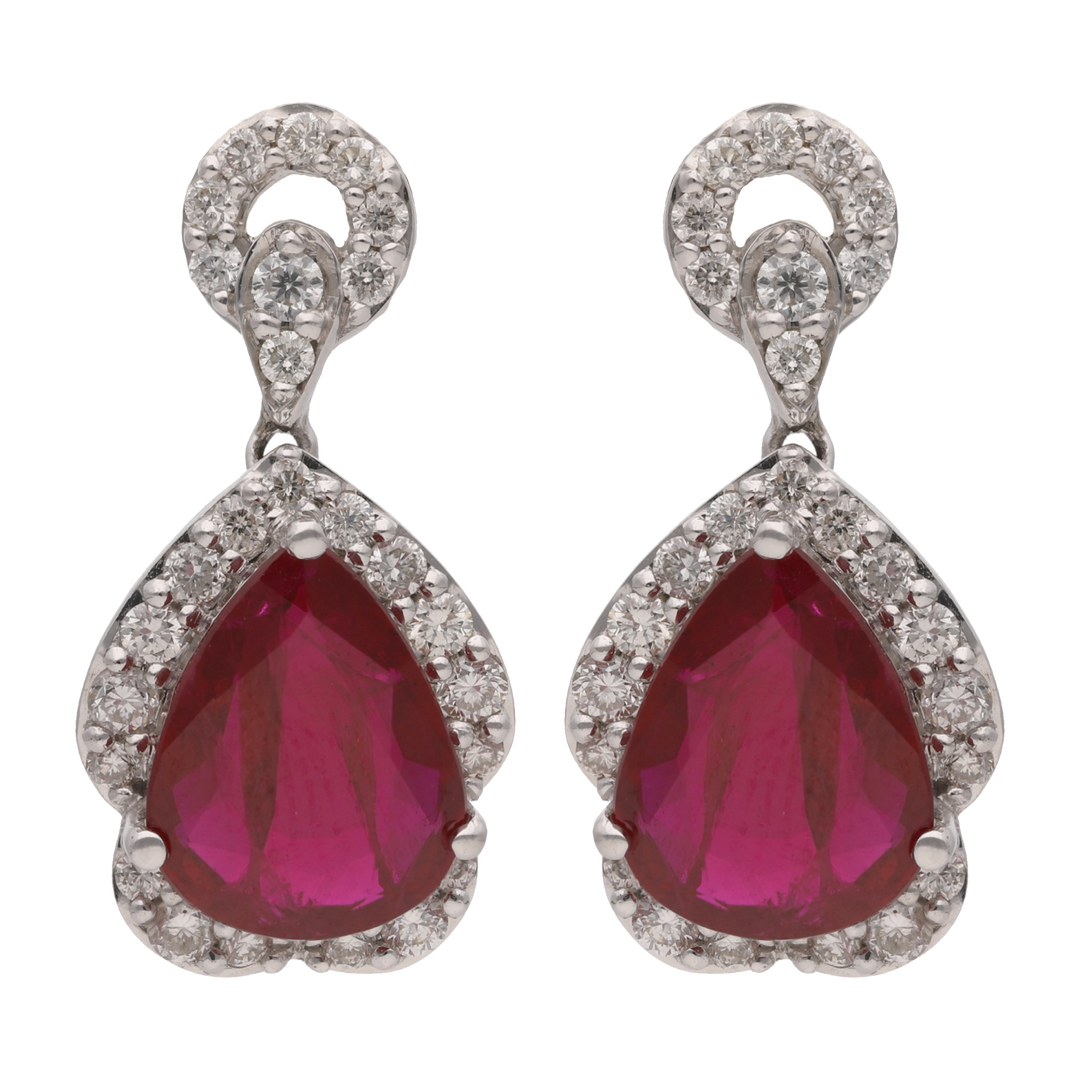Aretes rubí gota y brillantes oro blanco 18K