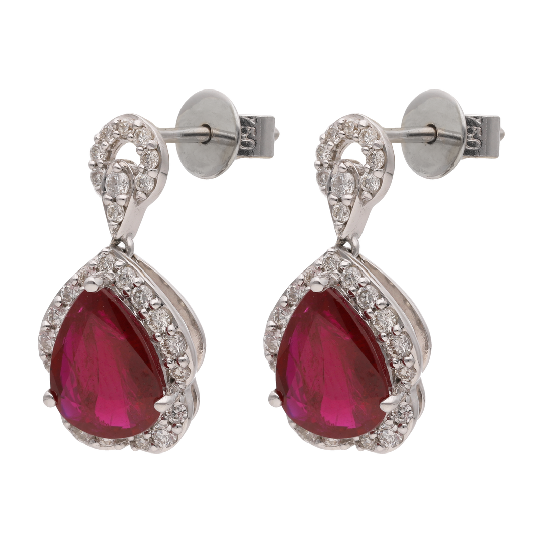 Aretes rubí gota y brillantes oro blanco 18K