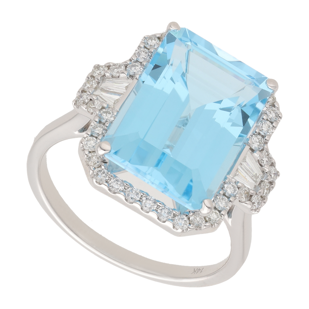 Anillo topacio azul y diamantes oro blanco 14K