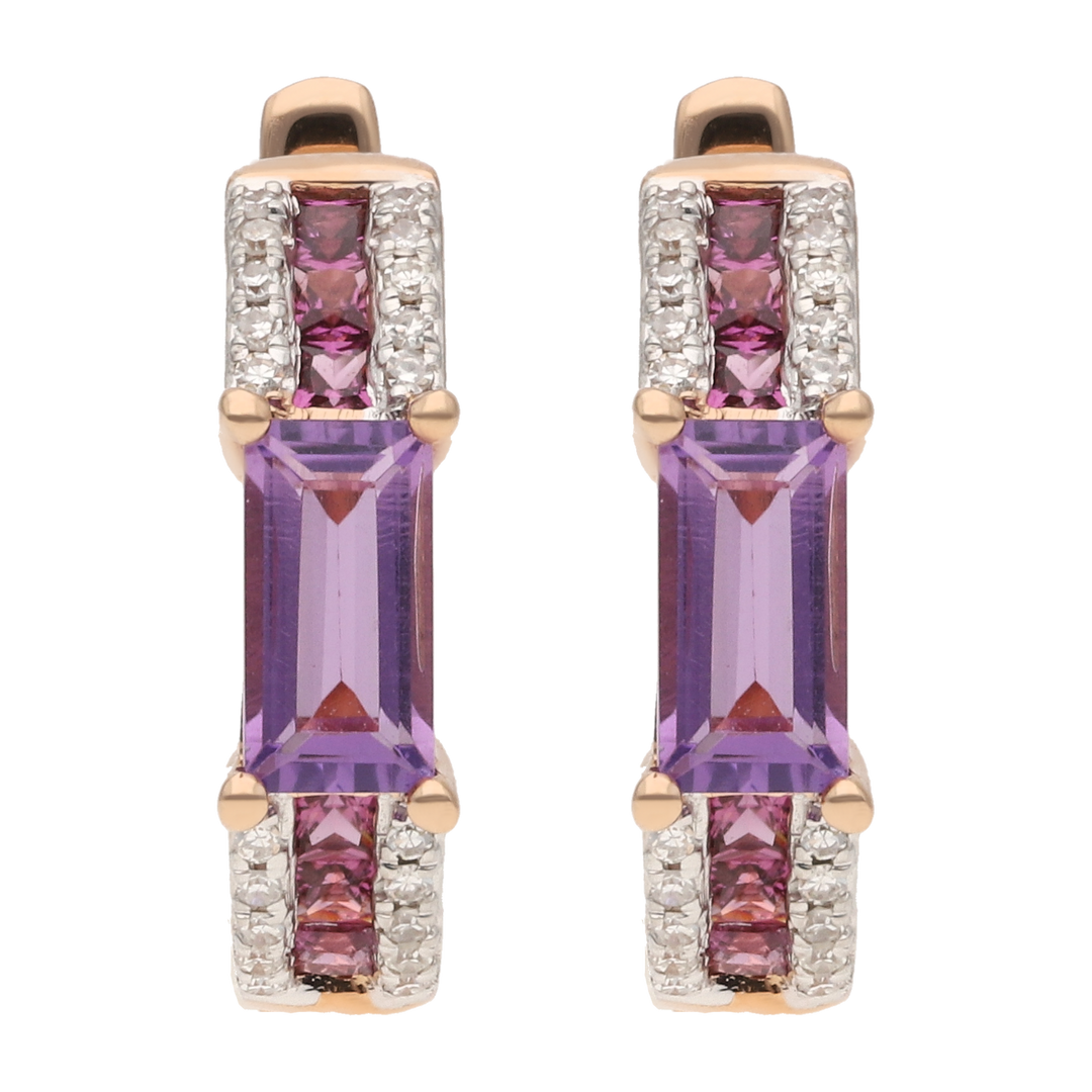 Arracadas amatistas, rodolitas y diamantes oro rosa 14K