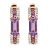 Arracadas amatistas, rodolitas y diamantes oro rosa 14K