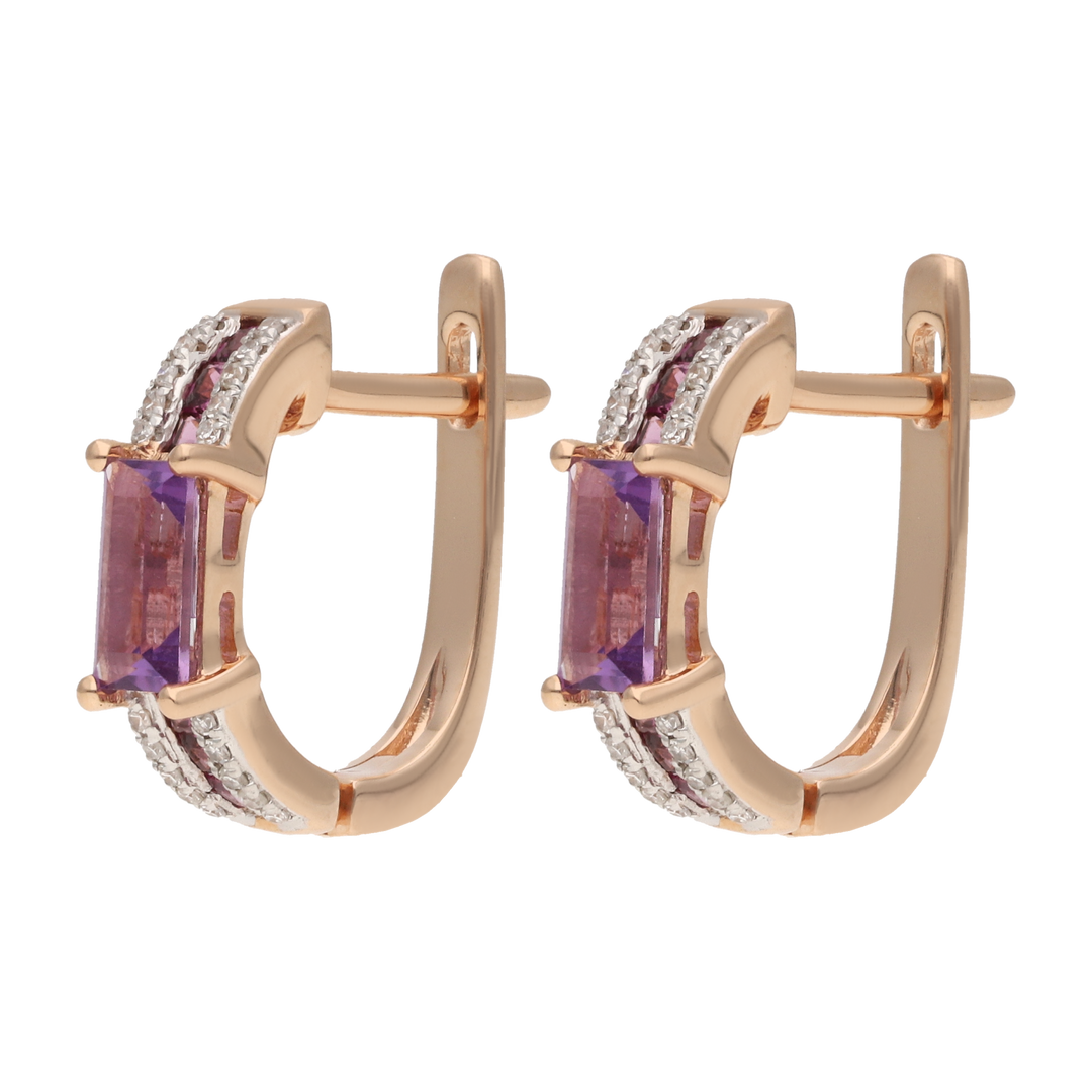 Arracadas amatistas, rodolitas y diamantes oro rosa 14K