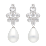 Aretes largos gotas circonias y perla blanca plata