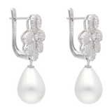 Aretes largos gotas circonias y perla blanca plata