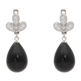 Aretes largos flor gota onix/perla plata