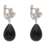 Aretes largos flor gota onix/perla plata