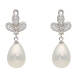 Aretes largos flor gota onix/perla plata