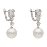 Aretes largos baguettes circonias perla redonda plata