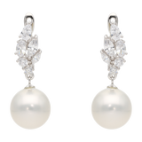 Aretes largos hoja perla redonda plata