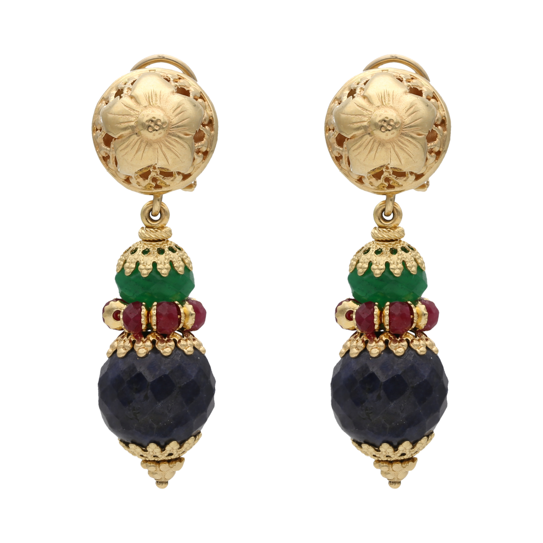 Aretes largos esmeraldas, rubíes y zafiros 18K