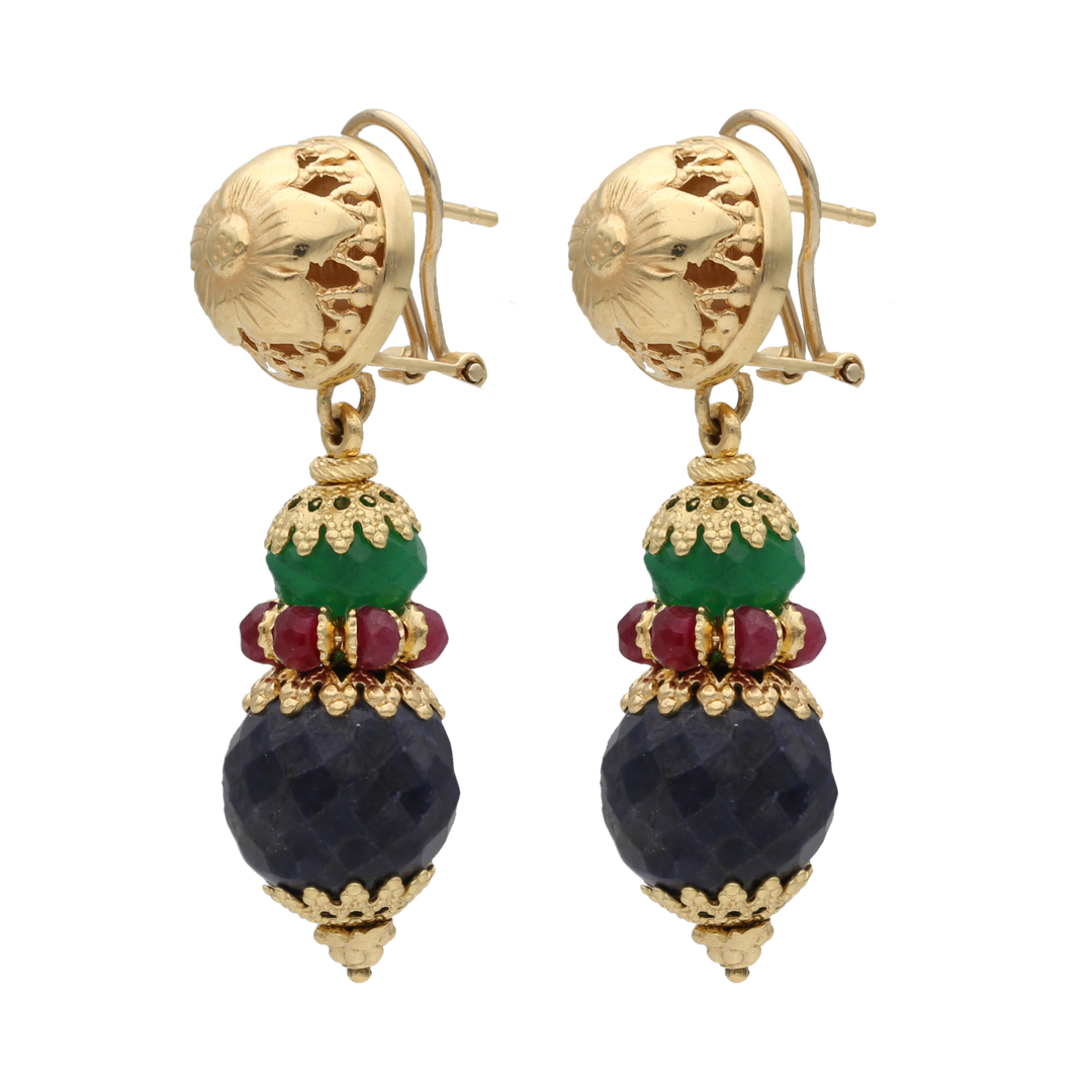 Aretes largos esmeraldas, rubíes y zafiros 18K