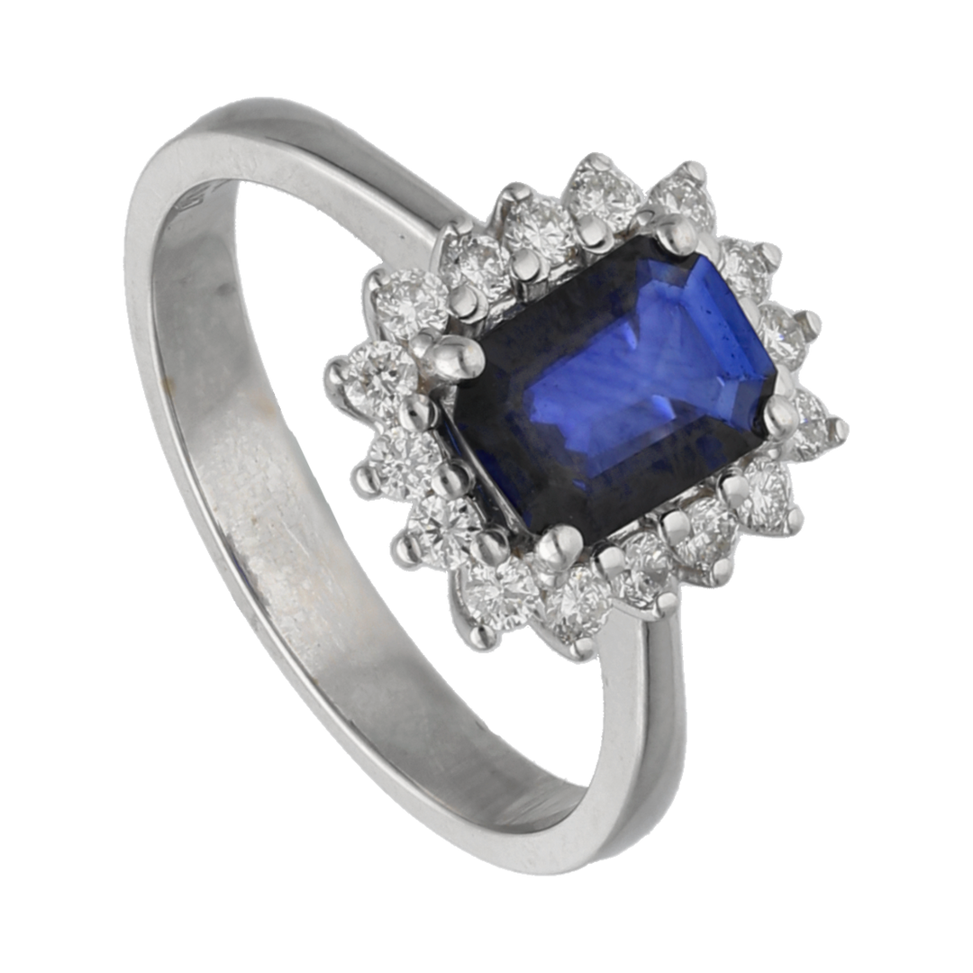 Anillo zafiro baguette y brillantes 14K