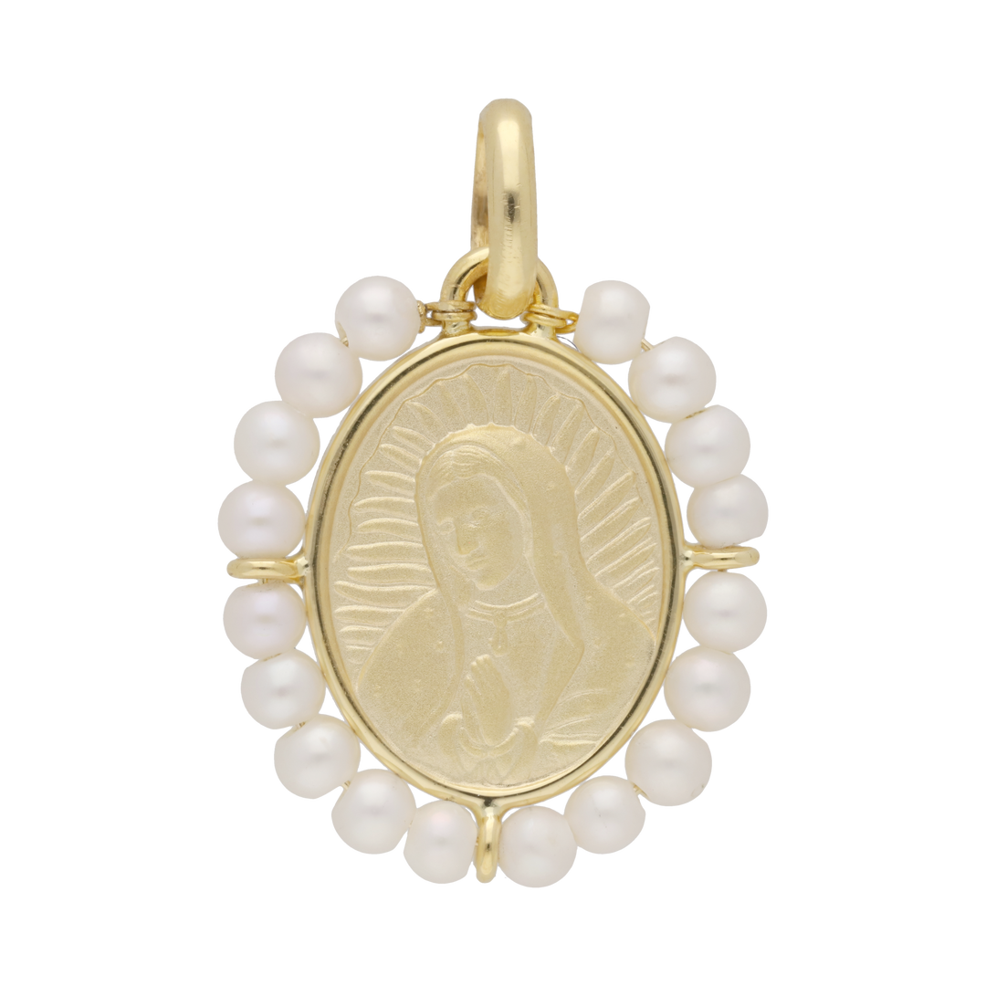 Medalla Virgen de Guadalupe 14K con perlas
