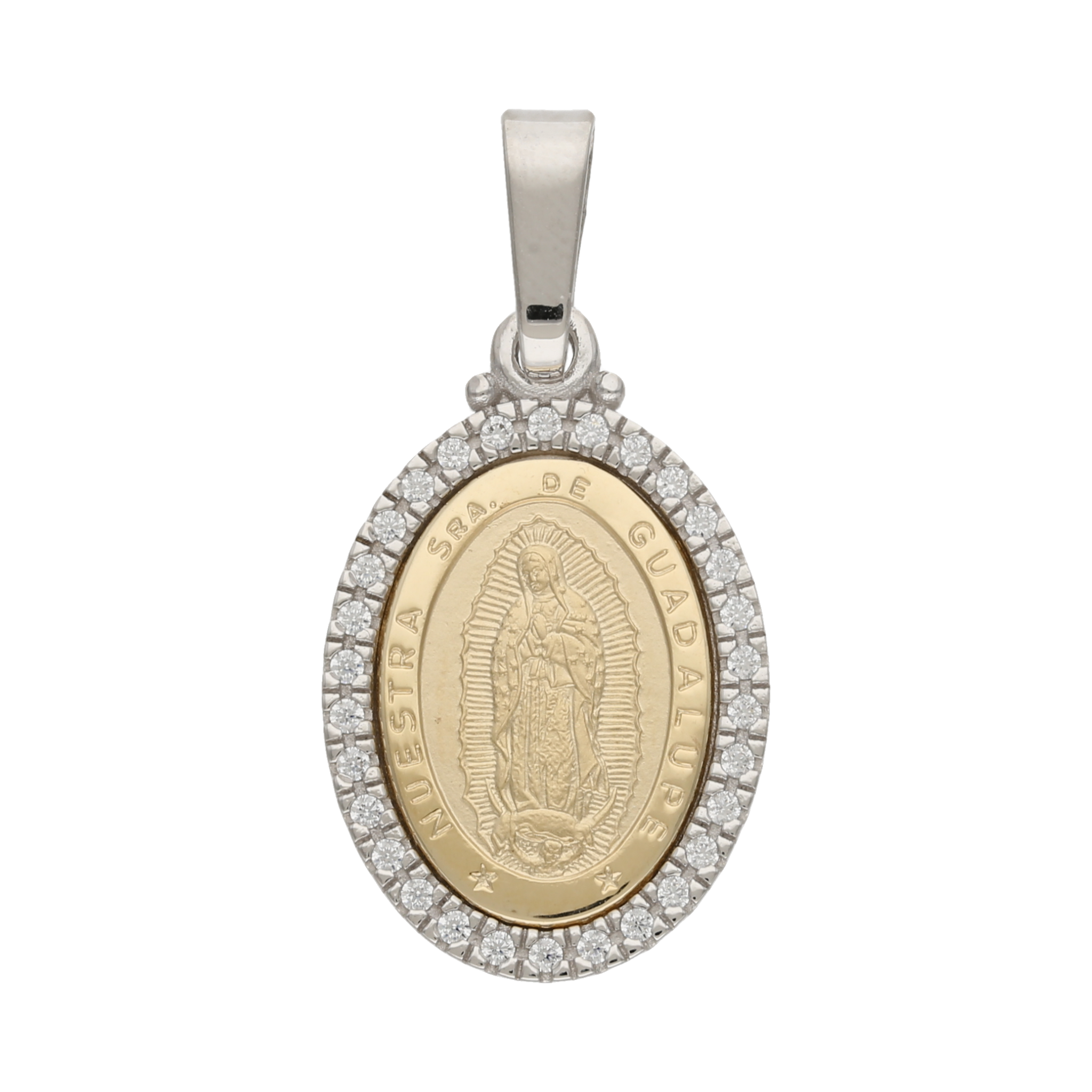 Medalla Guadalupe circonias bicolor 14K