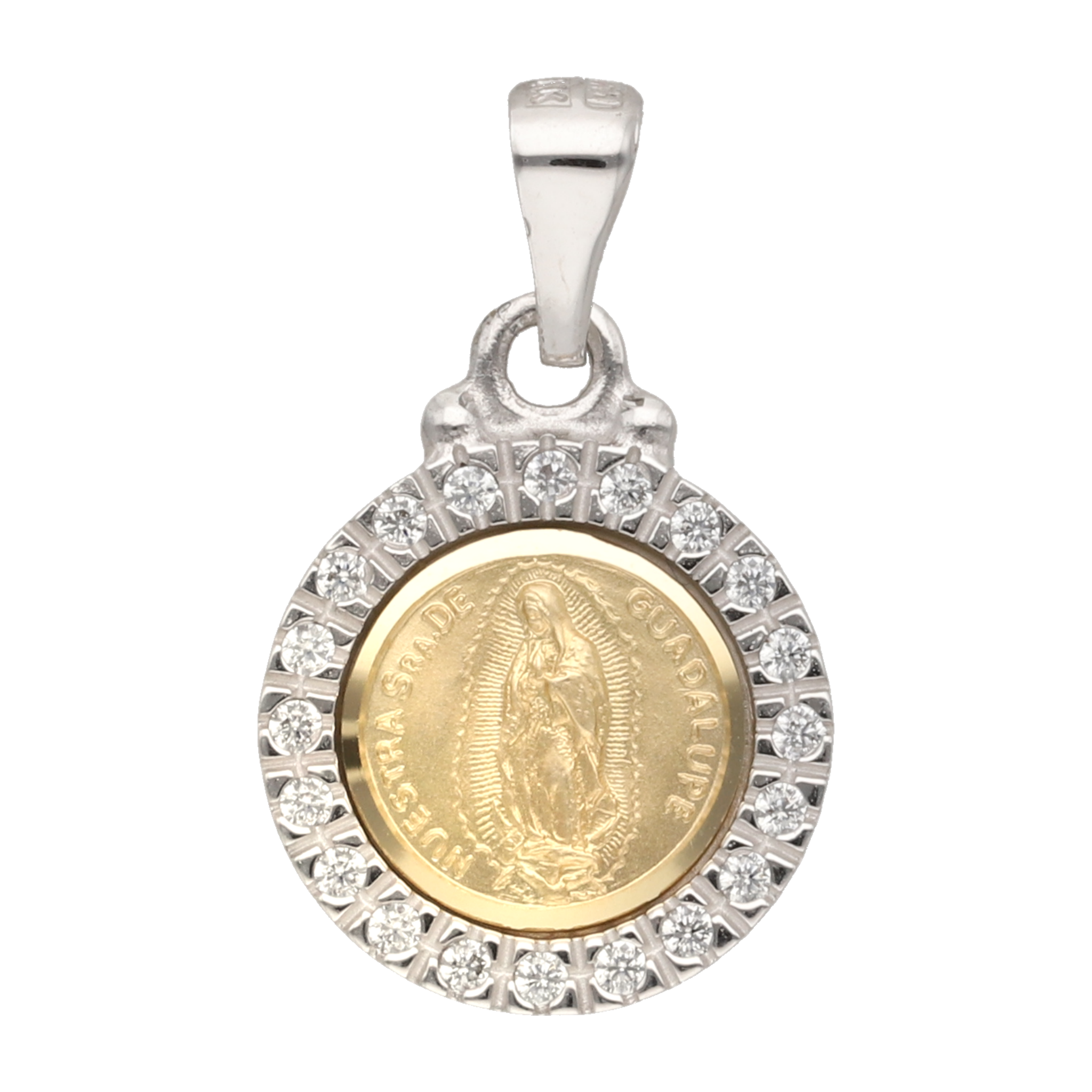 Medalla Guadalupe circonias bicolor 14K