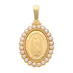 Medalla oval Guadalupe bisel ondeado perlas 14K