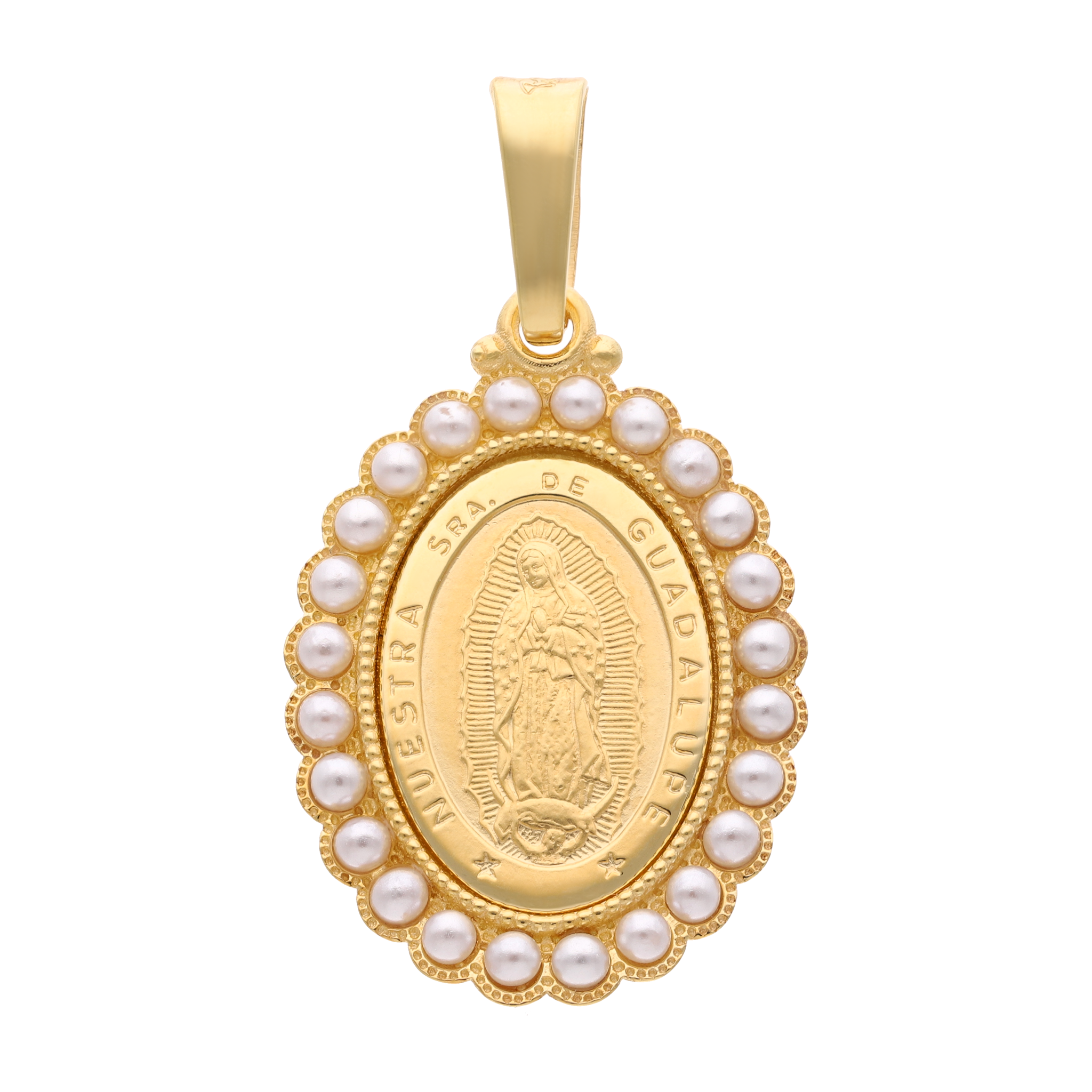 Medalla oval Guadalupe bisel ondeado perlas 14K