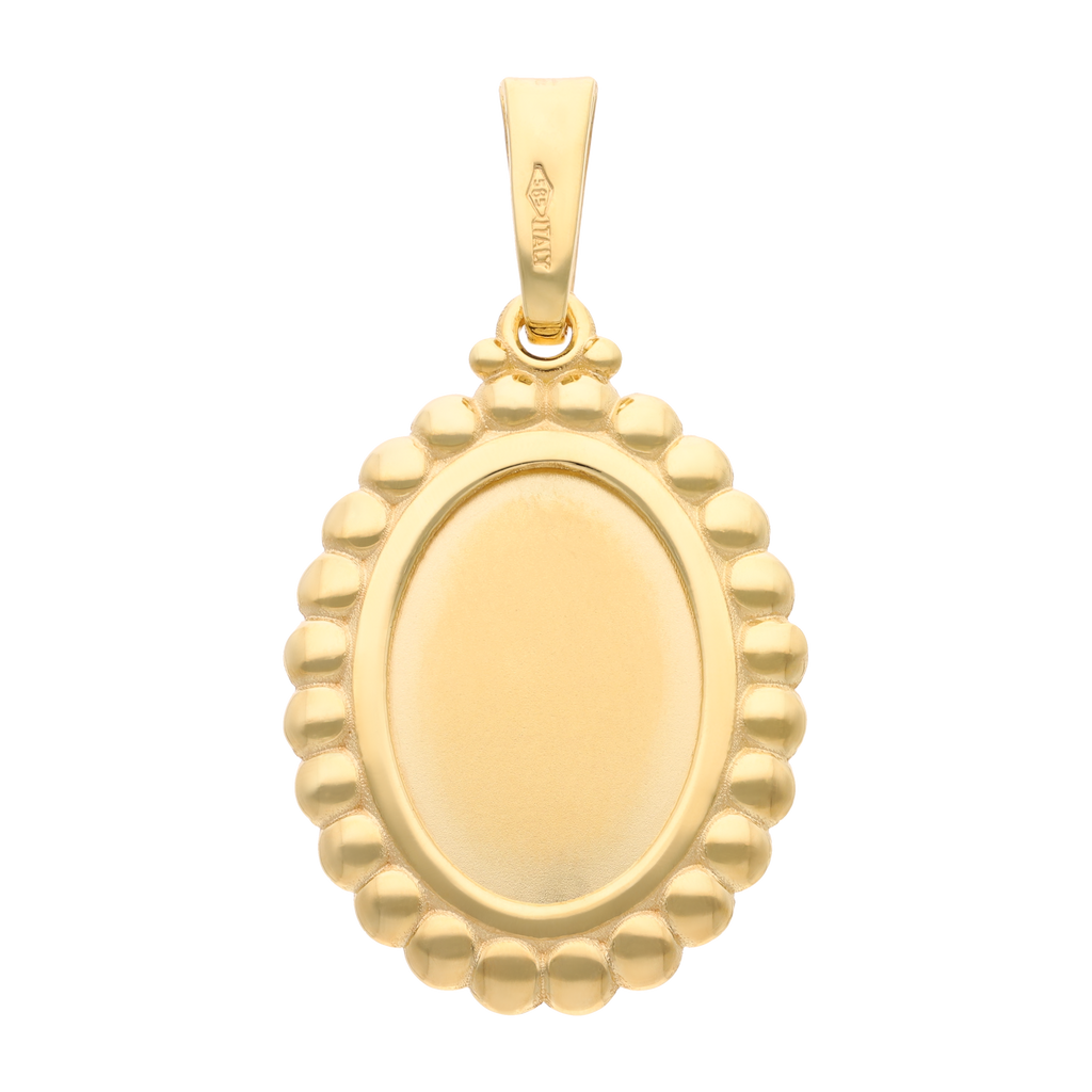 Medalla oval Guadalupe bisel ondeado perlas 14K