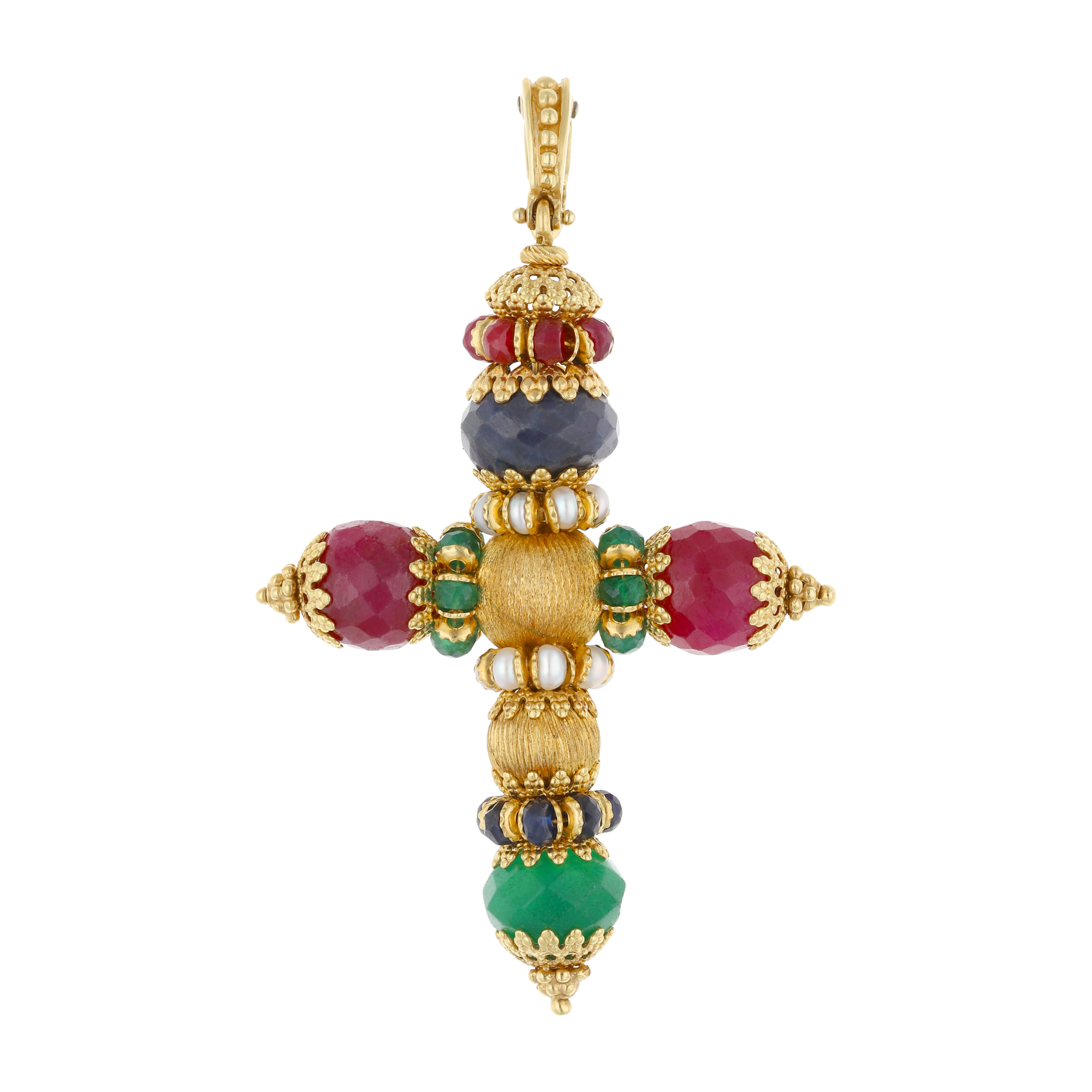 Cruz esmeraldas, rubíes y zafiros 18K