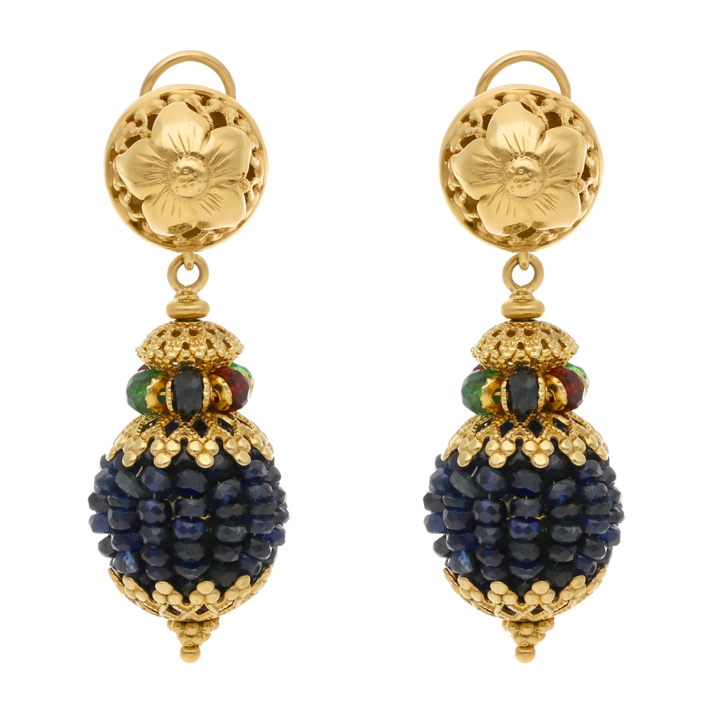 Aretes largos zafiros pave, rubíes y esmeraldas 18K