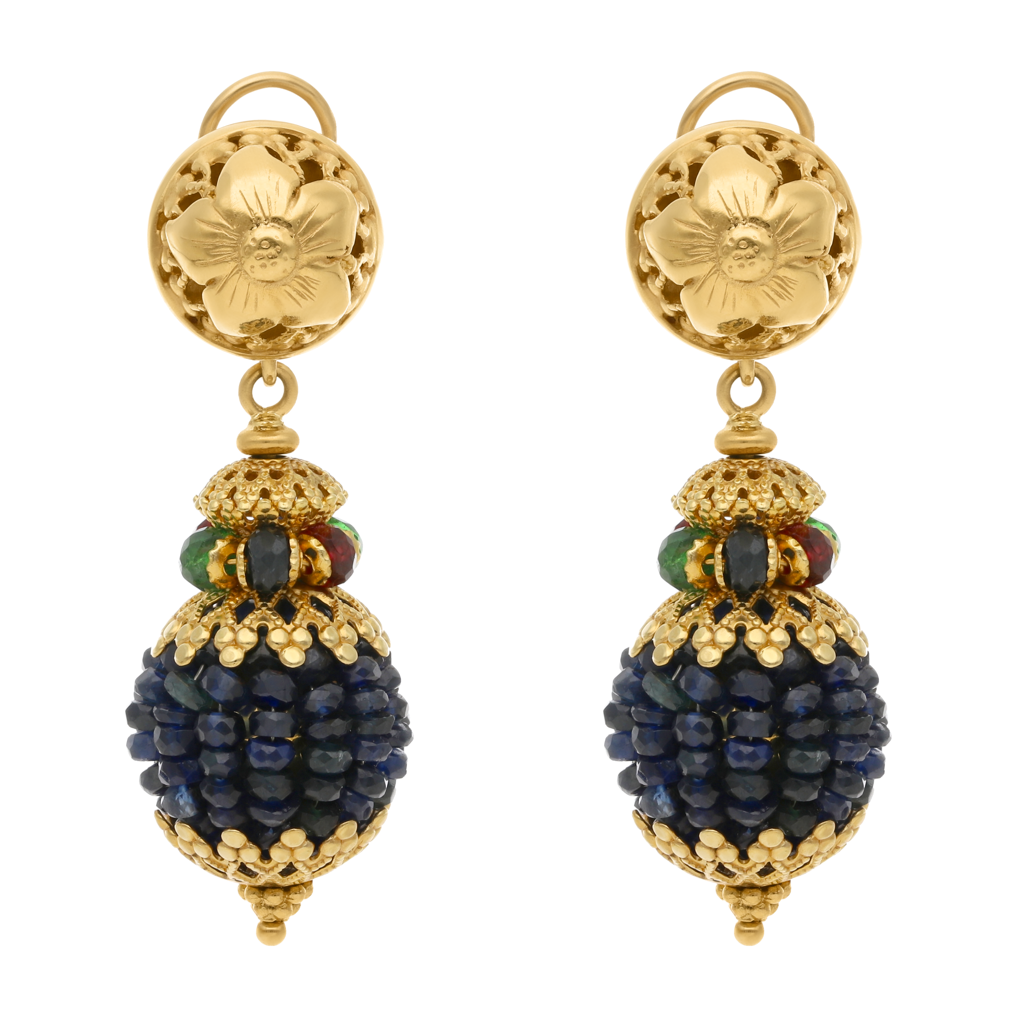 Aretes largos zafiros pave, rubíes y esmeraldas 18K