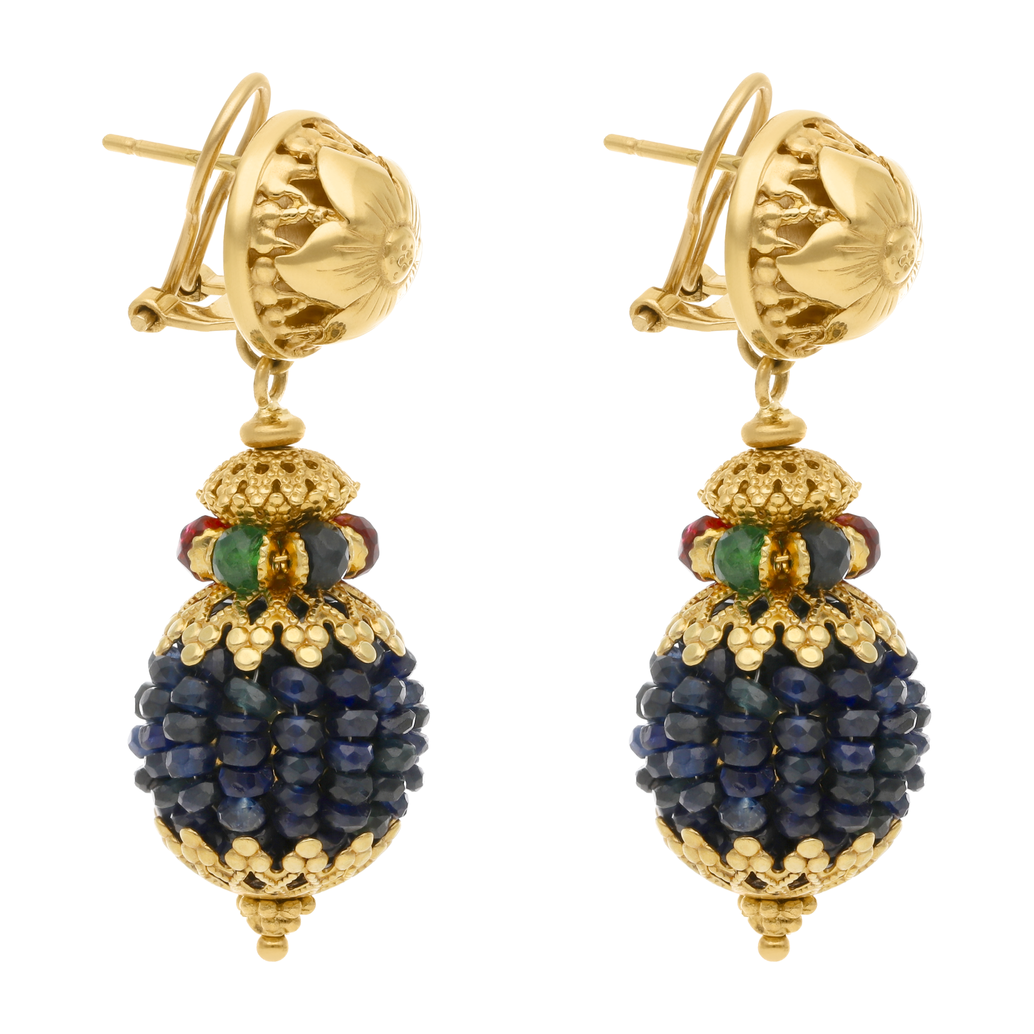Aretes largos zafiros pave, rubíes y esmeraldas 18K