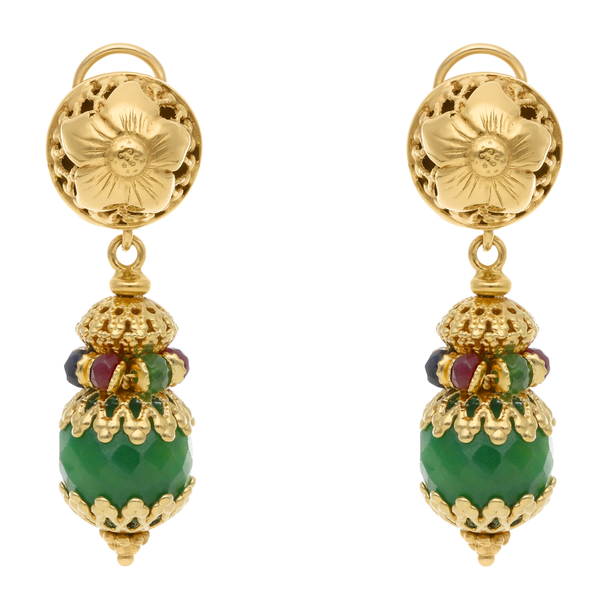 Aretes largos esmeraldas, rubíes y zafiros 18K