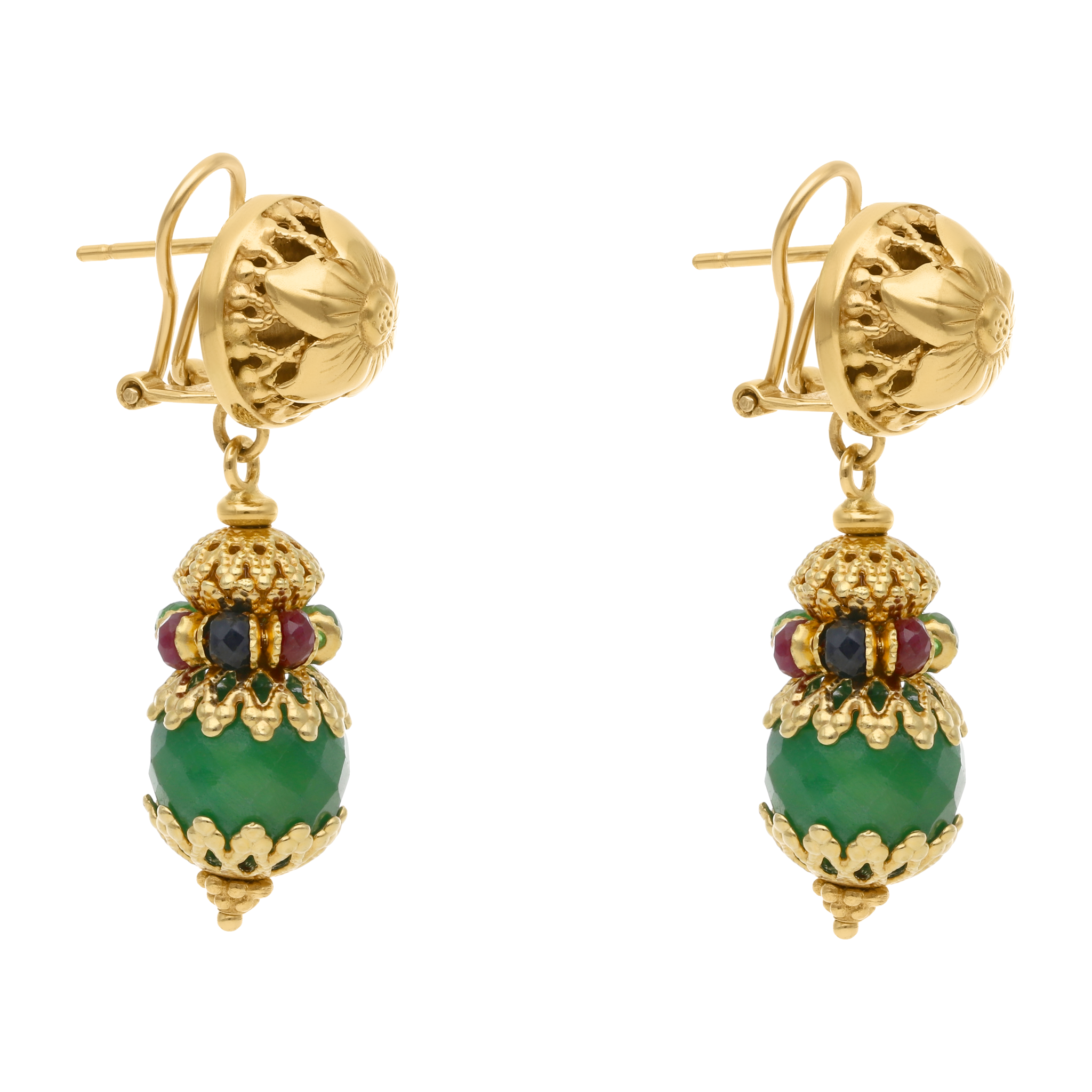 Aretes largos esmeraldas, rubíes y zafiros 18K