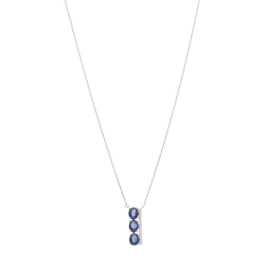 Collar dije barra 3 zafiros oval y diamantes 14K