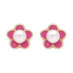 Broquel flor esmalte rosa/perla 14K