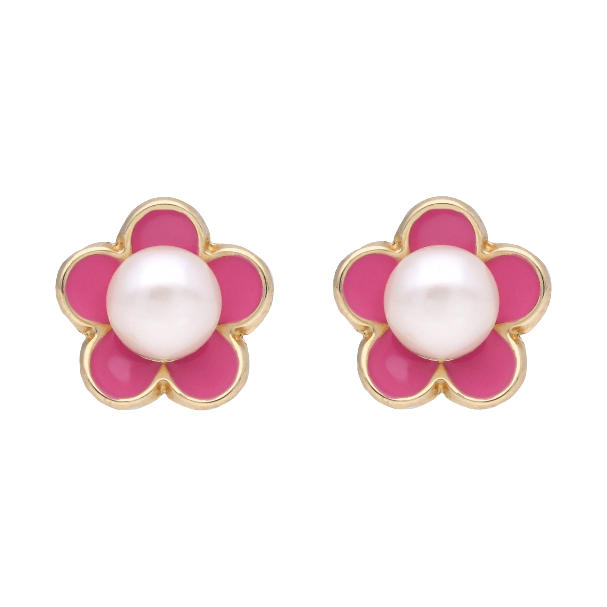 Broquel flor esmalte rosa/perla 14K