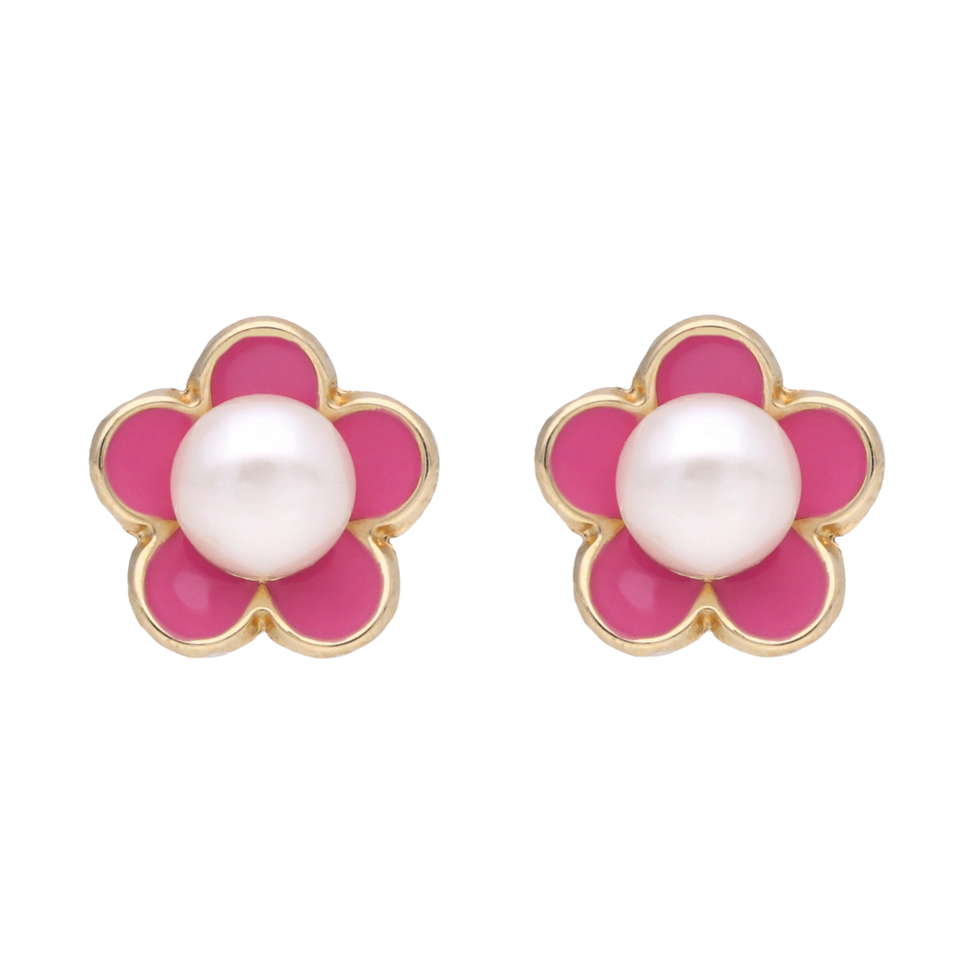 Broquel flor esmalte rosa/perla 14K