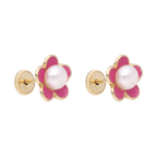 Broquel flor esmalte rosa/perla 14K