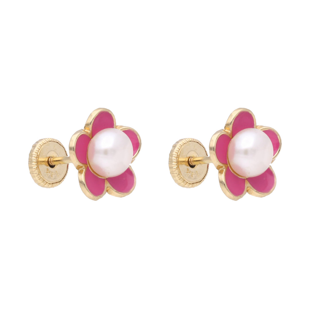 Broquel flor esmalte rosa/perla 14K