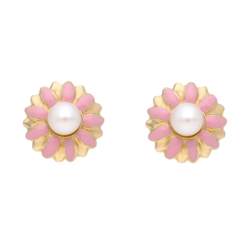 Broquel flor esmalte/perla blanca 14K