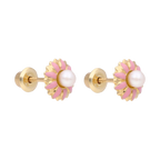Broquel flor esmalte/perla blanca 14K