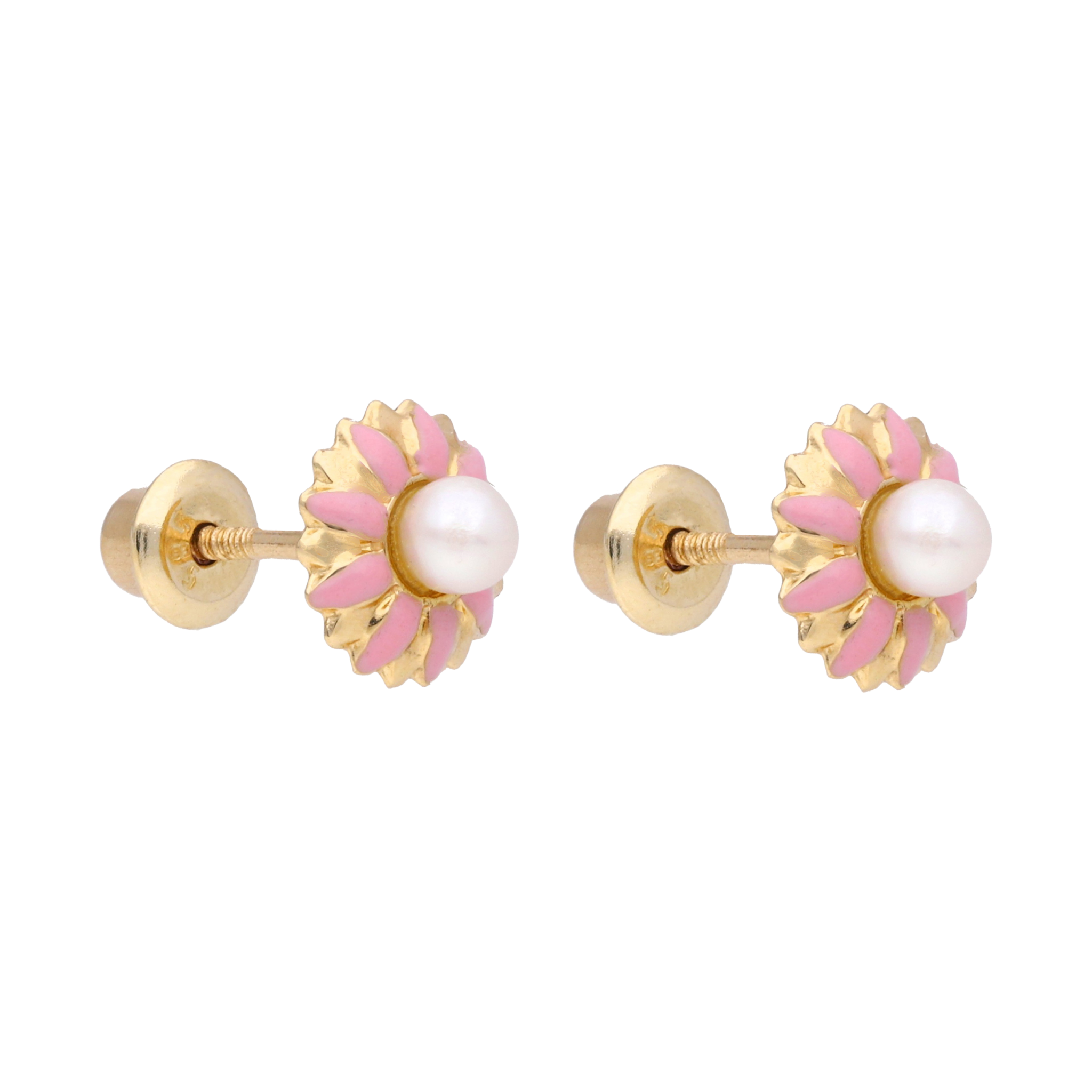 Broquel flor esmalte/perla blanca 14K