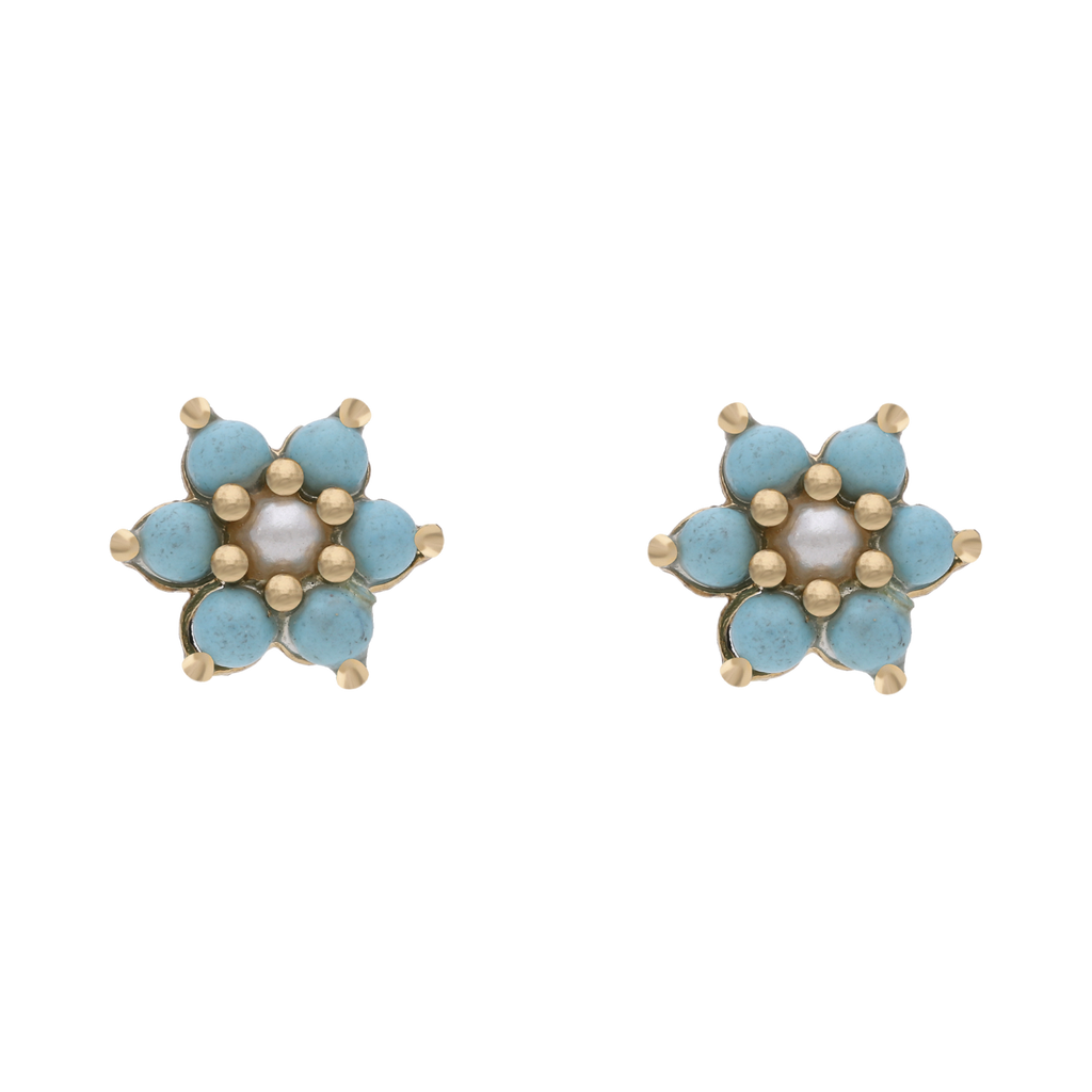 Broquel flor turquesa/perla 14K